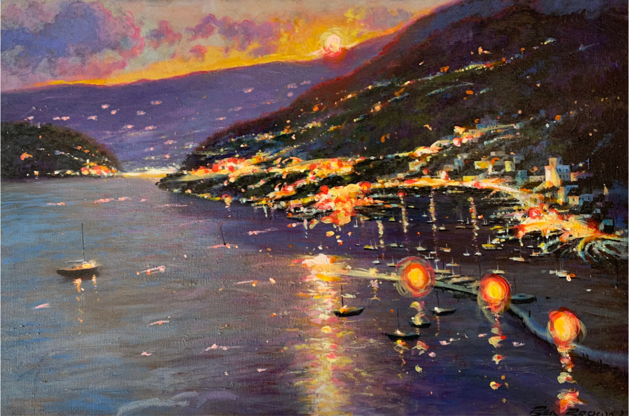 A painting of a brightly lit town on the edge of the ocean, with some boats in the water.