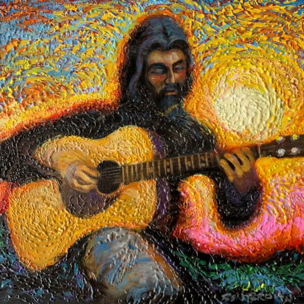 An impressionist style painting of a man playing a guitar.
