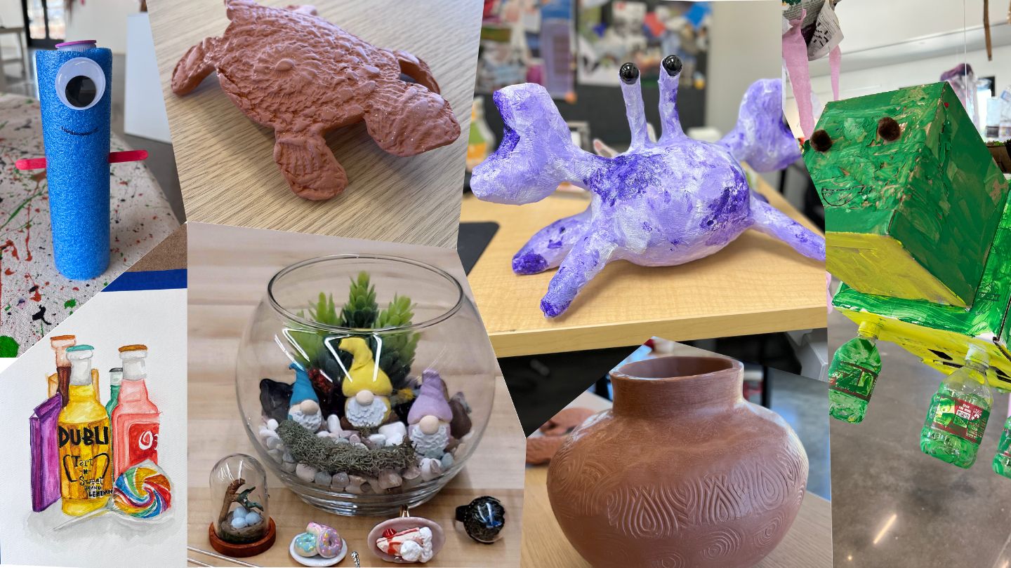 A collage of sculptural artwork - a blue pool noodle with a google eye, a terracotta turtle, a paper machê cube turtle, a blue clay crab, a painting of soda pops, a ceramic vase, and three gnomes in a glass bowl.