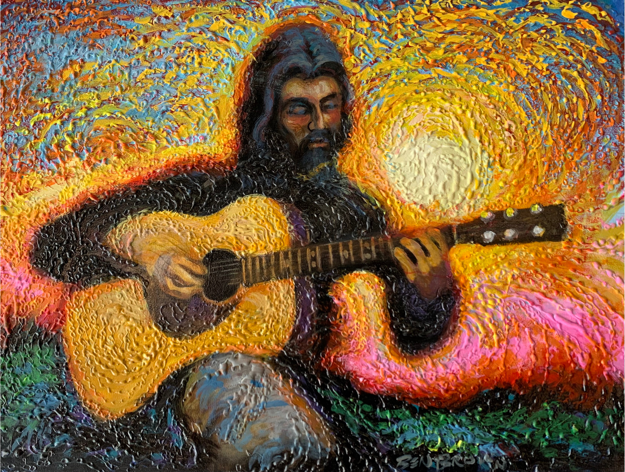 An impressionist style painting of a man playing a guitar.