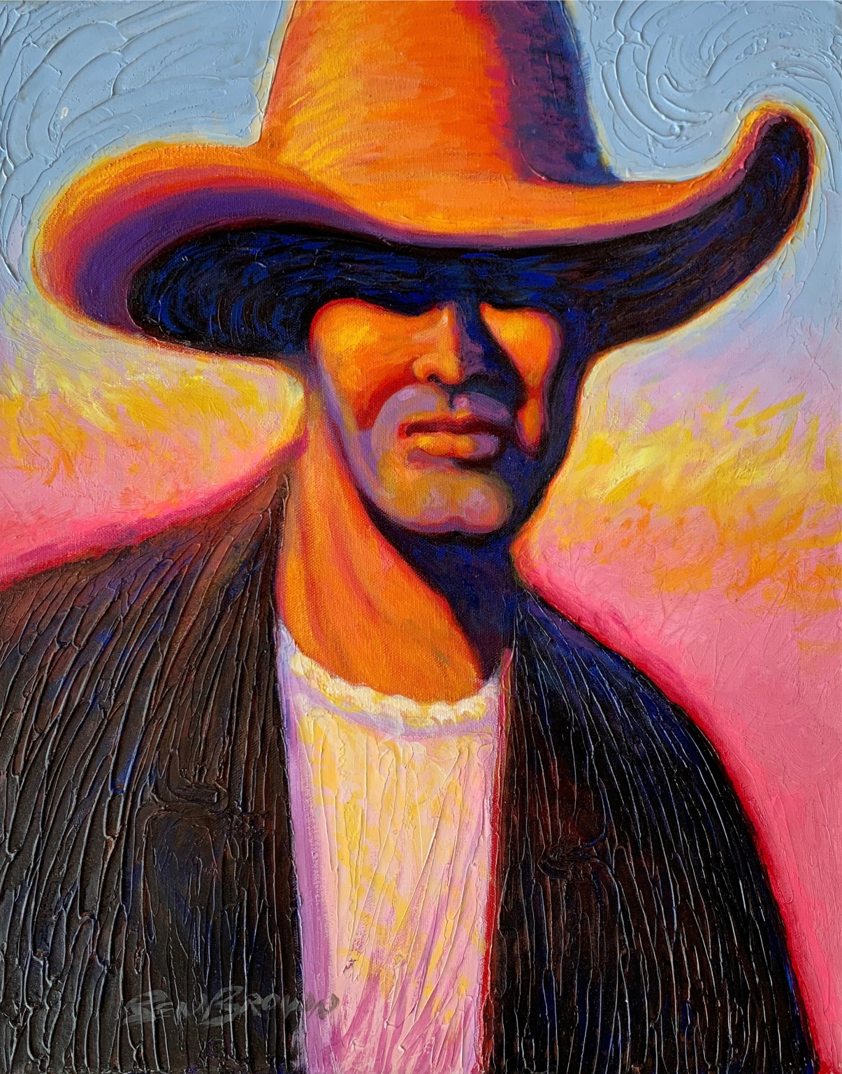 A colorful painting of a man wearing a cowboy hat.