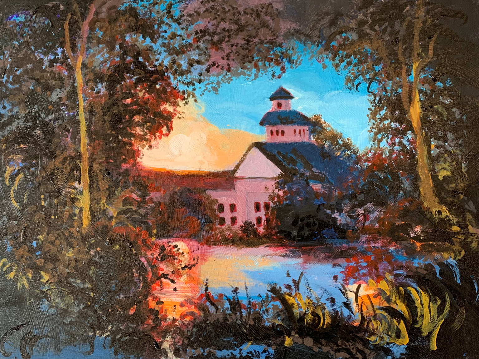 A painting of a church viewed through a small break in the trees of a dense forest.