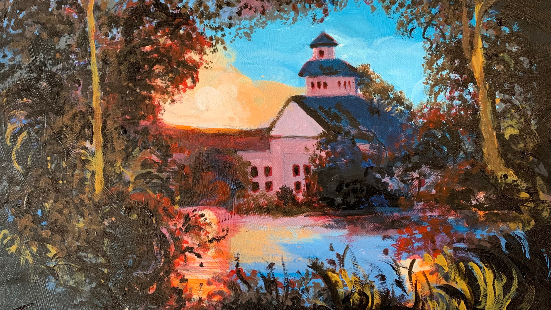 A painting of a church viewed through a small opening in a dense forest.